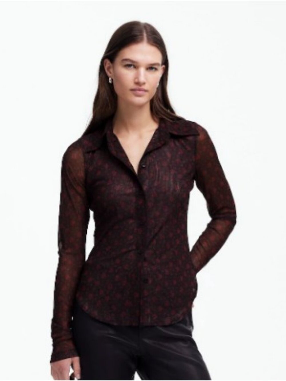 Madewell Long-Sleeve Button-Front Top in Floral Mesh